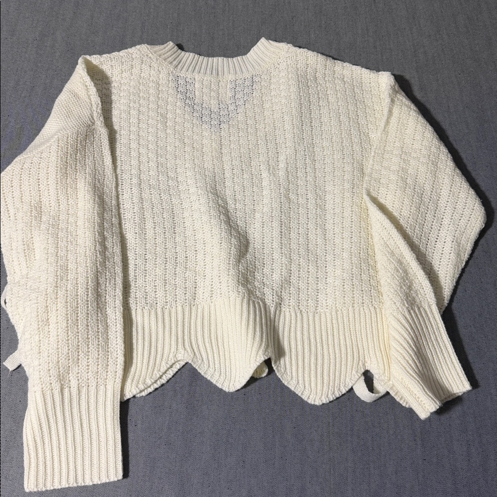 No Comment Cable Knit Sweater M Cream Lace Up Boho Scalloped Hem Acrylic F - 20 - Picture 5 of 7